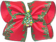 MEGA Red Satin with Emerald Glitter Holly Edging over Red with Christmas Tree Miniature Double Layer Overlay Bow